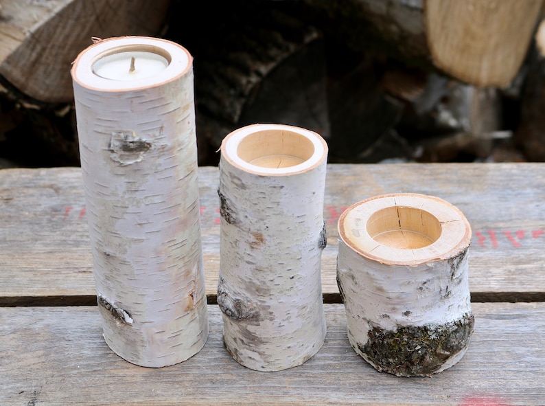 3 White Birch Wood Candle Holders Wedding Christmas Table Candles Centerpiece image 2