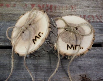 Rustic Ring Pillow Wood Slices, Mr & Mrs, Personalized, Wood Slice, Country Wedding, Brown, His and Her