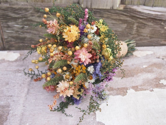 Country Calico Bridesmaid Dried Flower Bouquet Rustic Etsy