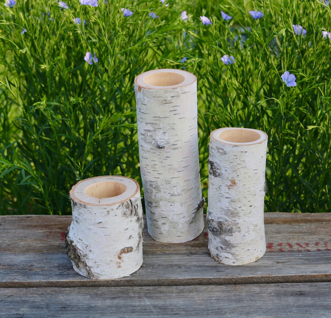 3 White Birch Wood Candle Holders Wedding Christmas Table Candles Centerpiece Etsy