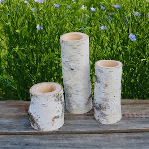 3 White Birch Wood Candle Holders Wedding Christmas Table Candles Centerpiece image 1