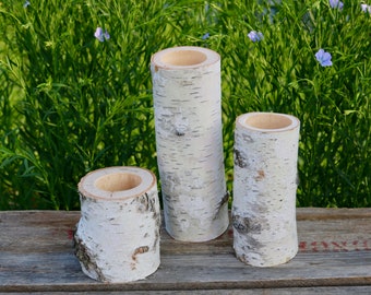 3 White Birch Wood Candle Holders Wedding Christmas Table Candles Centerpiece