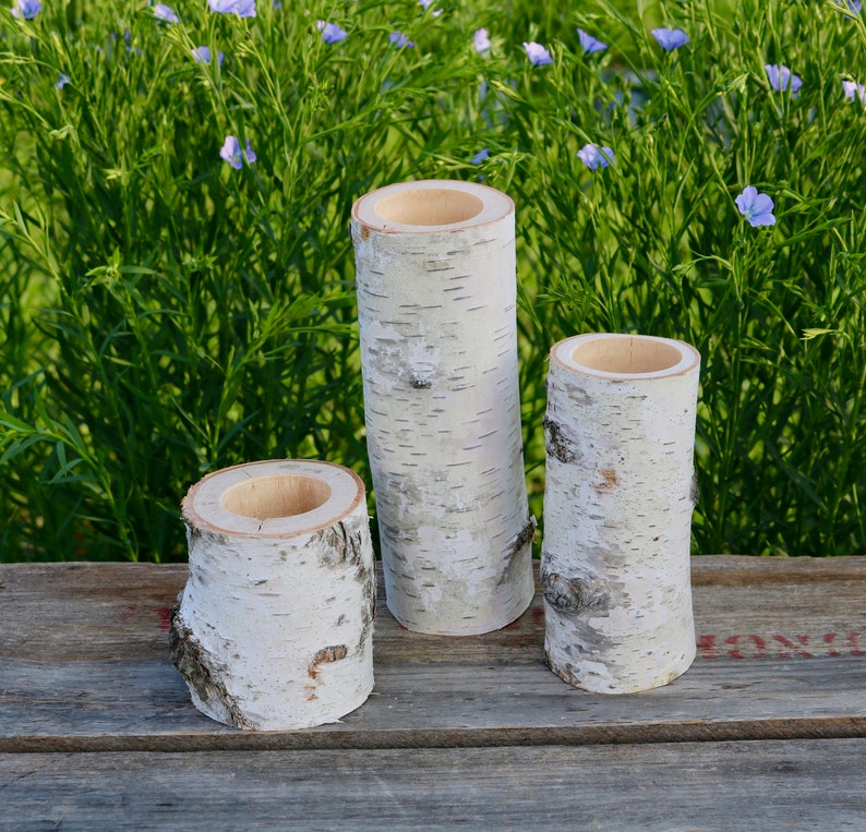 3 White Birch Wood Candle Holders Wedding Christmas Table Candles Centerpiece image 1