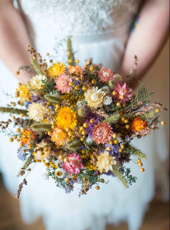 Country Calico Dried Flower Bouquet Rustic Wedding Bouquet Etsy