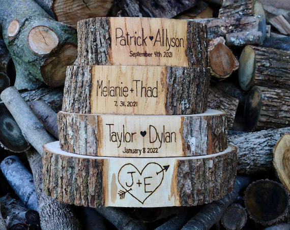 Personalized Wood Slice Wedding Cake Stand: Hand Burned Rustic Decor