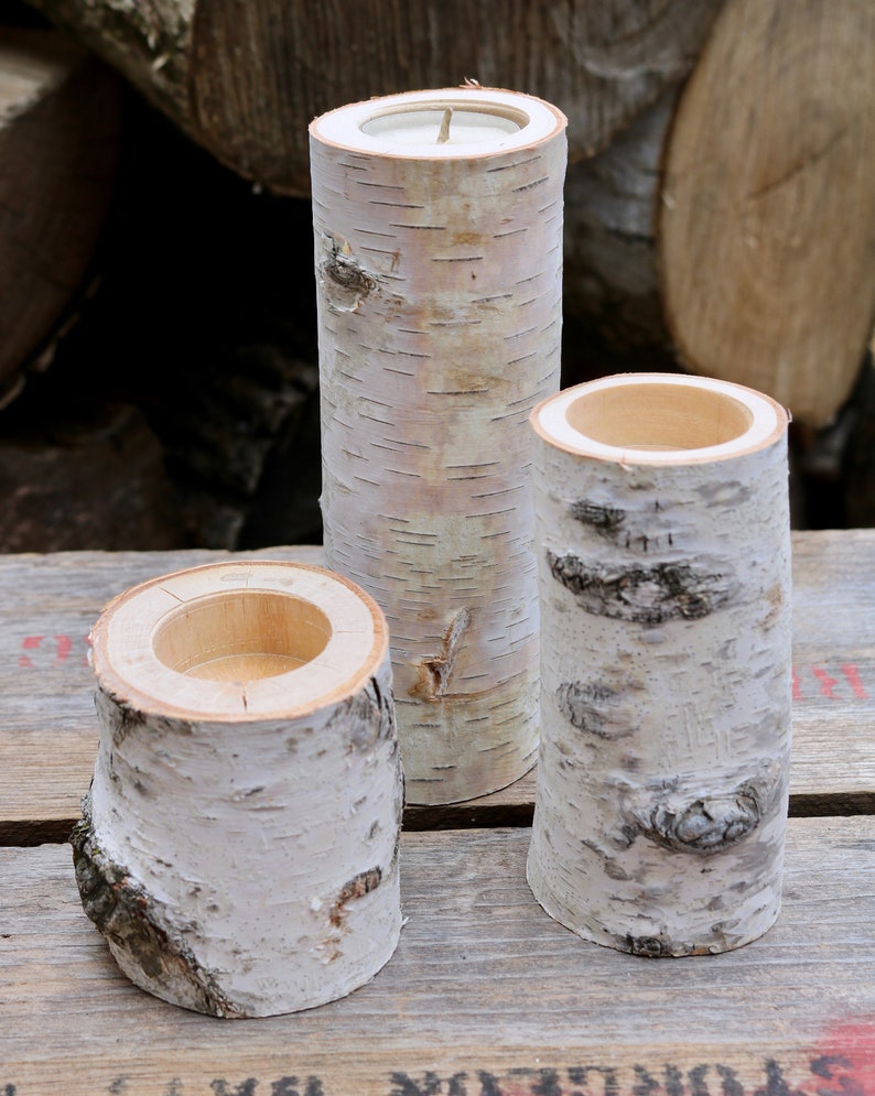 3 White Birch Wood Candle Holders Wedding Christmas Table Candles Centerpiece image 6