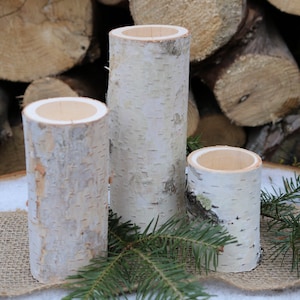 May include: Three white birch bark candle holders of varying sizes. The candle holders are sitting on a burlap surface with a pine bough in front of them.