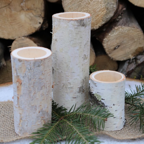 3 White Birch Wood Candle Holders Wedding Christmas Table Candles Centerpiece
