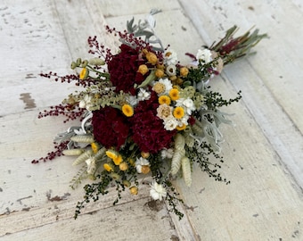 Burgundy & Yellow Dried Flower Bouquet: Peonies, Feverfew, Wildflowers