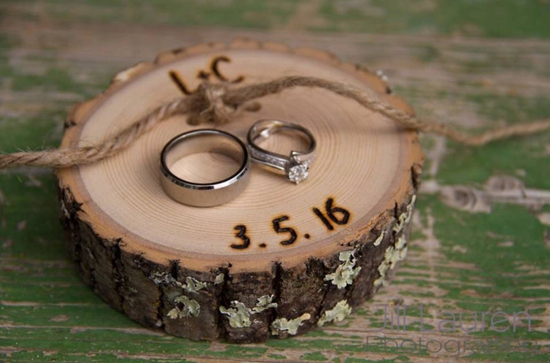Ring Pillow Personalized Rustic Wood Slice Ring Bearer Pillow, Country Wedding image 6