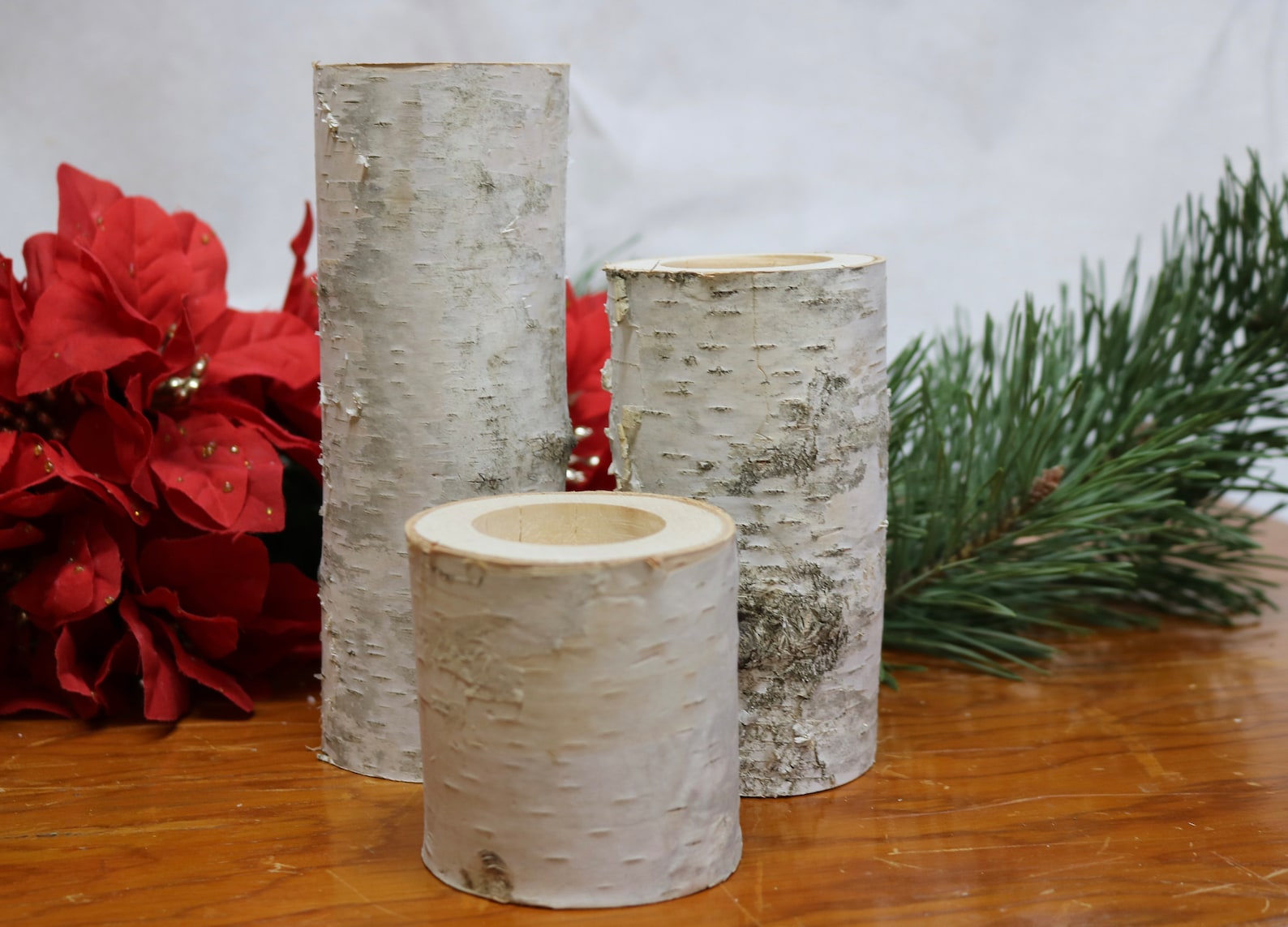 White Birch Candle Holder Rustic Wood Yule Log Christmas Centerpiece