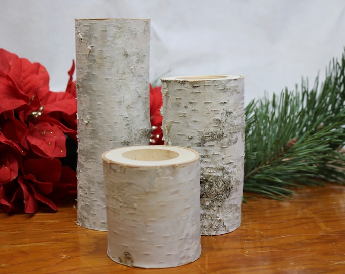 Featured listing image: White Birch Candle Holder: Rustic Wood Yule Log Christmas Centerpiece