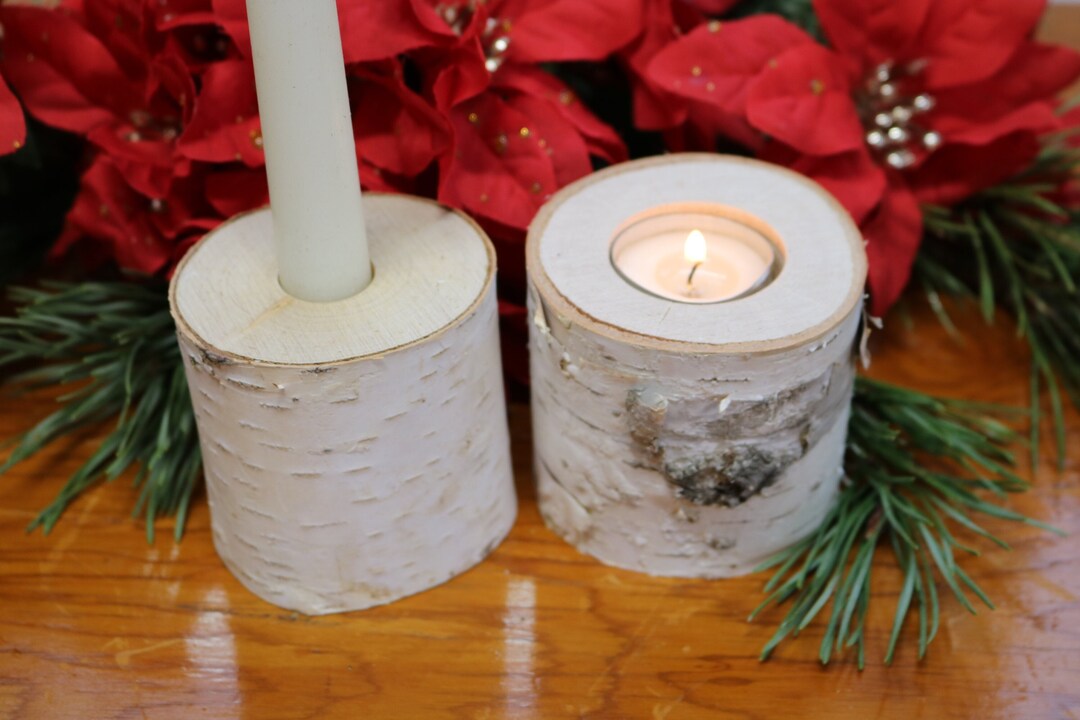 Birch Candle Holder Christmas Yule Log Wood Holders, Christmas Table