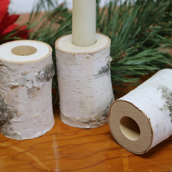 Birch Taper Candle Holders  Yule Log Wood Holders  Christmas Table  Centerpiece