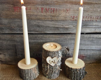 Wedding Unity Candle Set of Natural Rustic Candle Holders, Brown Bark, Personalized