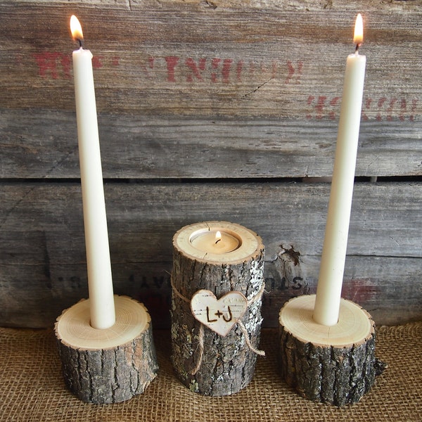 Wedding Unity Candle Set of Natural Rustic Candle Holders, Brown Bark, Personalized