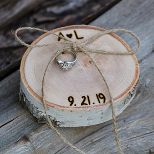 Ring Pillow Personalized Rustic Wood Slice Ring Bearer Pillow, Country Wedding image 2