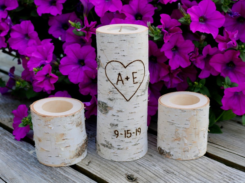 White Birch Unity Candle Holder Set, Candle Holders, Birch Candles, Unity Set
