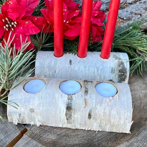 Yule Log Christmas White Birch Candle Holder, Rustic Birch Wood from Wisconsin