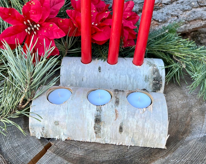 Featured listing image: Yule Log Christmas White Birch Candle Holder, Rustic Birch Wood from Wisconsin