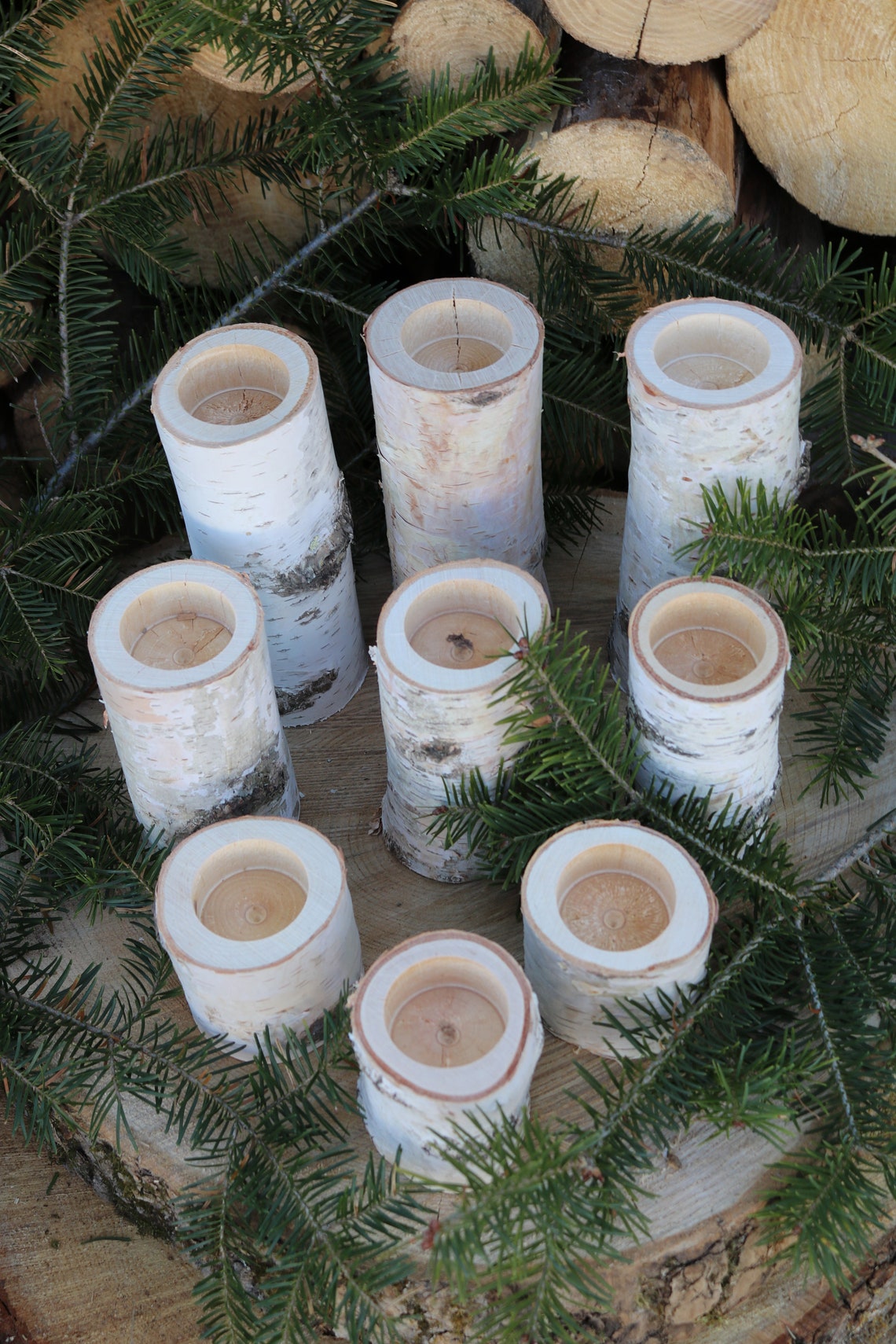 Set of 9 White Birch Wood Candle Holders Wood Candle Holders Etsy