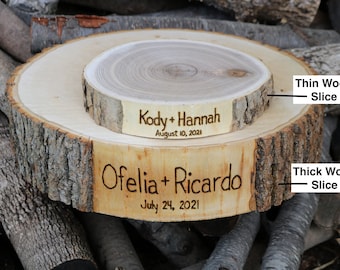 Personalized Wood Wedding Cake Stand, Hand Wood Burning, Thick or Thin Rustic Wood Slices