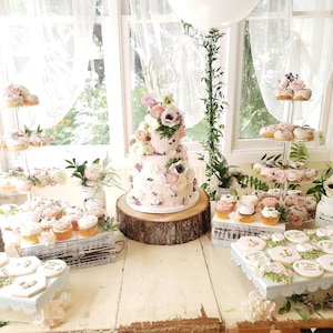 May include: A pink and white tiered cake with floral decorations sits on a wooden slice. The cake is surrounded by cupcakes, donuts, and cookies, all decorated with pink and white frosting and flowers. The table is covered in a white tablecloth and there are green plants in the background.