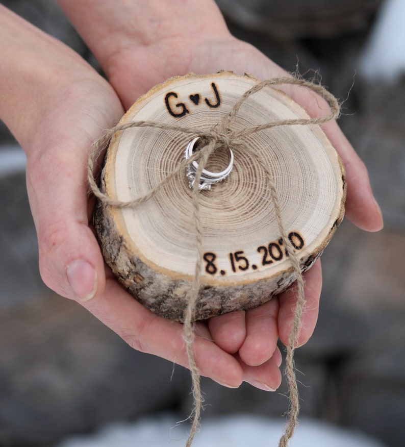 Ring Pillow Personalized Rustic Wood Slice Ring Bearer Pillow, Country Wedding Brown Bark