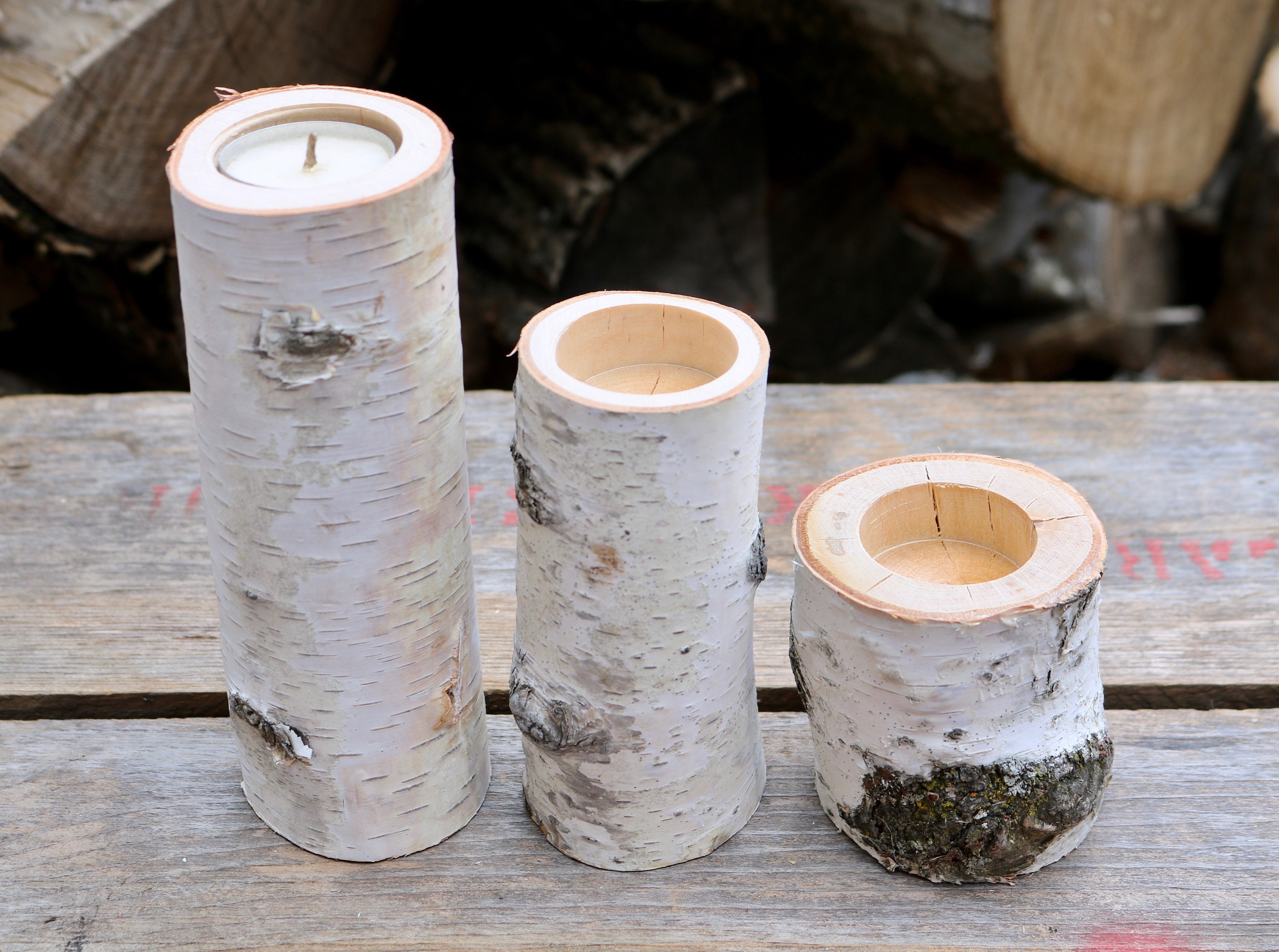 3 White Birch Wood Candle Holders Wood Candle Holders Etsy