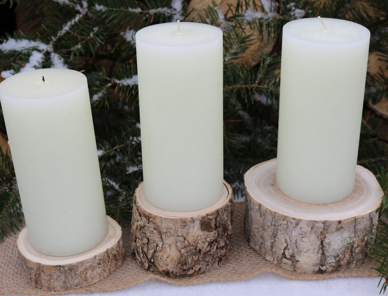 Table Scape Decor, 3 Pillar Candle Holders, Log Candle Holders, Wood Slices for Centerpiece, Bulk Wood Slice, Rustic Wedding image 1