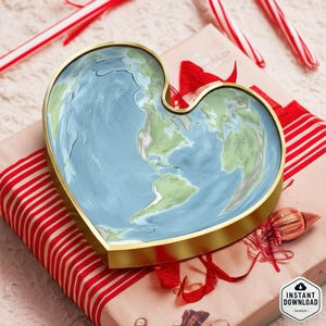 Druckbare bunte herzförmige topografische Weltkarte - Amerika zentriert - Romantisches Geschenk für Paare - Liebhaber - Wandkunst für Zuhause & Büro