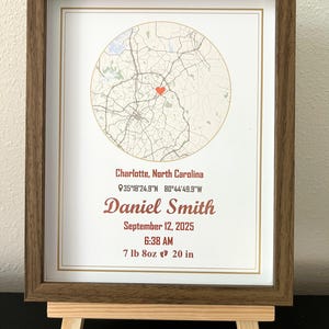 Impresión personalizada de mapa de nacimiento: estadísticas del bebé personalizadas y diseño de la ciudad real. Impresión fotográfica de alta calidad. Regalo único para la habitación de un bebé o baby shower.
