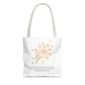 Christian Floral Tote - Matthew 5:9 KJV Bible Verse Bag, Bible Study Bag, Carry Song Books, Gift for Mom, Teacher Tote, Scripture Tote