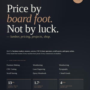 May include: Dark background with text: "Price by board foot. Not by luck." Includes information for woodworkers, with sections on furniture making, CNC cutting, and more. Features a price of $24.