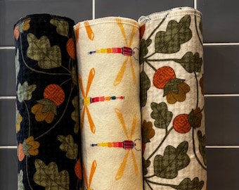 Reusable Paperless Towels, Dragonflies and Blossoms Set of 10, Cotton Flannel