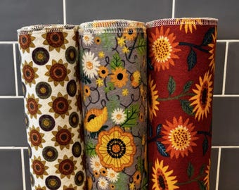 Reusable Paperless Towels, Sunflower Trio Set of 10, Cotton Flannel
