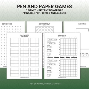 Puede incluir: Un conjunto de juegos imprimibles de lápiz y papel, que incluyen Dots & Boxes, Connect Four, Tic Tac Toe, Battleship y Hangman. Disponibles en formato PDF, en tamaños Carta y A4. La imagen presenta un fondo verde.