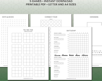 Pen And Paper Games - Tic Tac Toe, Hangman, Dots and Boxes, Battleship, Connect Four Instant Download PDF