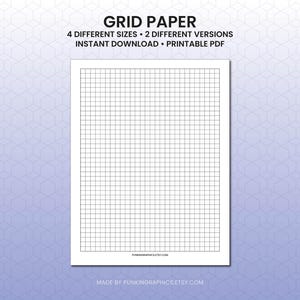 May include: A white sheet of grid paper with a black grid pattern. The text "GRID PAPER" is at the top, with details about sizes and versions. The words "INSTANT DOWNLOAD • PRINTABLE PDF" are also visible.