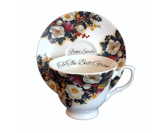 Taza de té y platillo de porcelana china con diseño floral navideño personalizado, estilo vintage