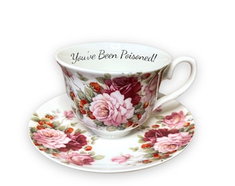 Taza de té y platillo personalizados de fresas con crema, taza de té y platillo de porcelana fina en caja,