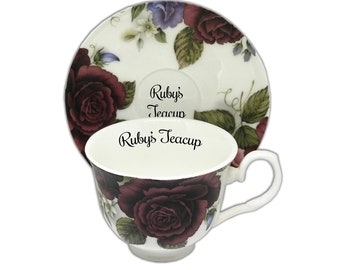 Personalised China Teacup & Saucer, Red Rose Design