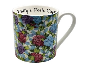 Personalisierte große moderne Vintage Hortensie Becher, Blumenchintz Becher