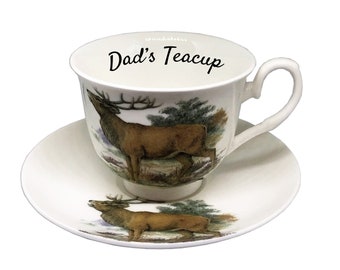 Taza de té y platillo de porcelana con diseño de ciervo personalizado, taza de té para él