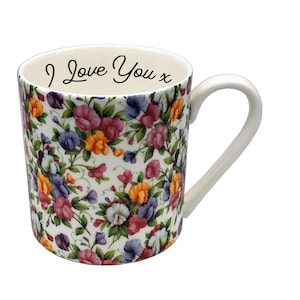 BN Personalised Large 18oz/Pint Fine Bone China Mug, Sweet Pea Floral Chintz Design, Vintage Inspired Personalised Mug