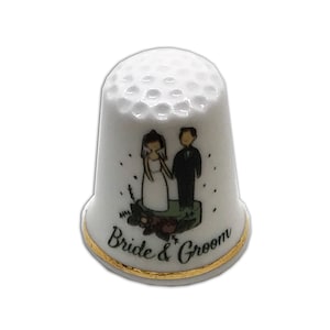 BN Personalised Fine Bone China Bride and Groom Cake Topper Thimble with Display Case, Personalised Thimble, Wedding Thimble