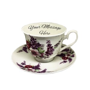 Personalised China Teacup and Saucer, Vintage Style Floral Spray Lilac  Design, Gift For Mum, Gift For Her, Personalised Teacup Gift