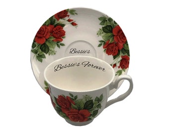 Personalized Red Rose Teacup and Saucer, Vintage Style Bone China