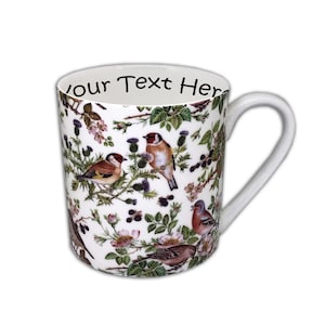 BN Personalised Large 18oz Fine Bone China Mug, Vintage Birds Design, Vintage Inspired Personalised Mug