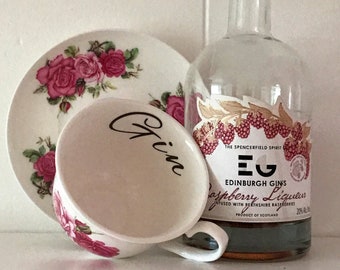 Taza y platillo de ginebra, porcelana fina con diseño floral vintage, regalo para amantes de la ginebra